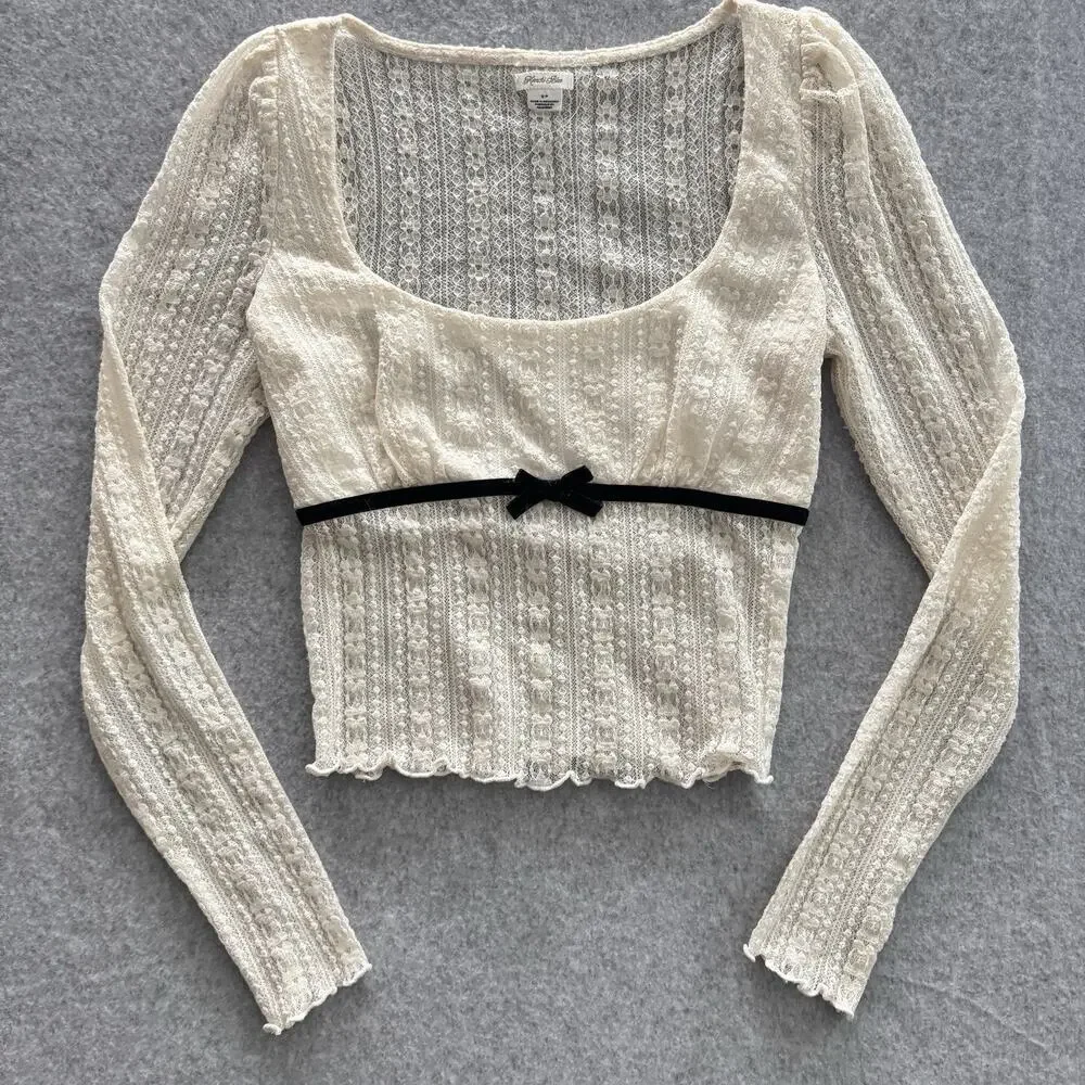Anthropologie Kimchi Blue Ivory Lace Top Sz S Velvet Bow Balletcore Sheer Ballet
